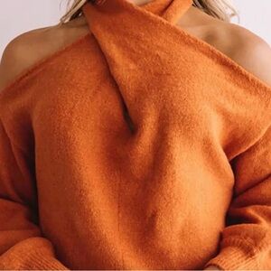 Cold shoulder knit warm fuzzy sweater  crossover neck details pumpkin orange
